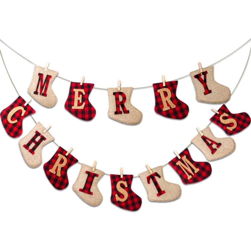 Merry Christmas Burlap Banner-Sock Shaped Christmas Decoration,Outdoor Indoor Ha